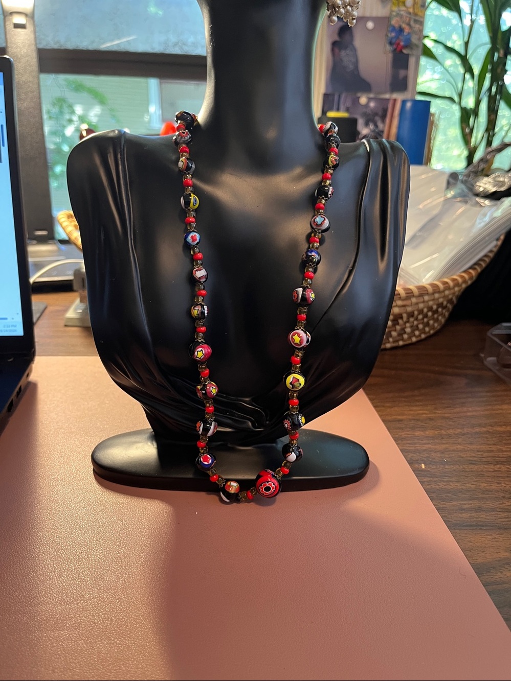 Handmade Multicolor Millefiori Glass Bead Necklace – Red Accent